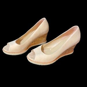 Cole Haan Pale Bone Tan "Nude" Suede Open Toe Cork Espadrille Wedges for Summer